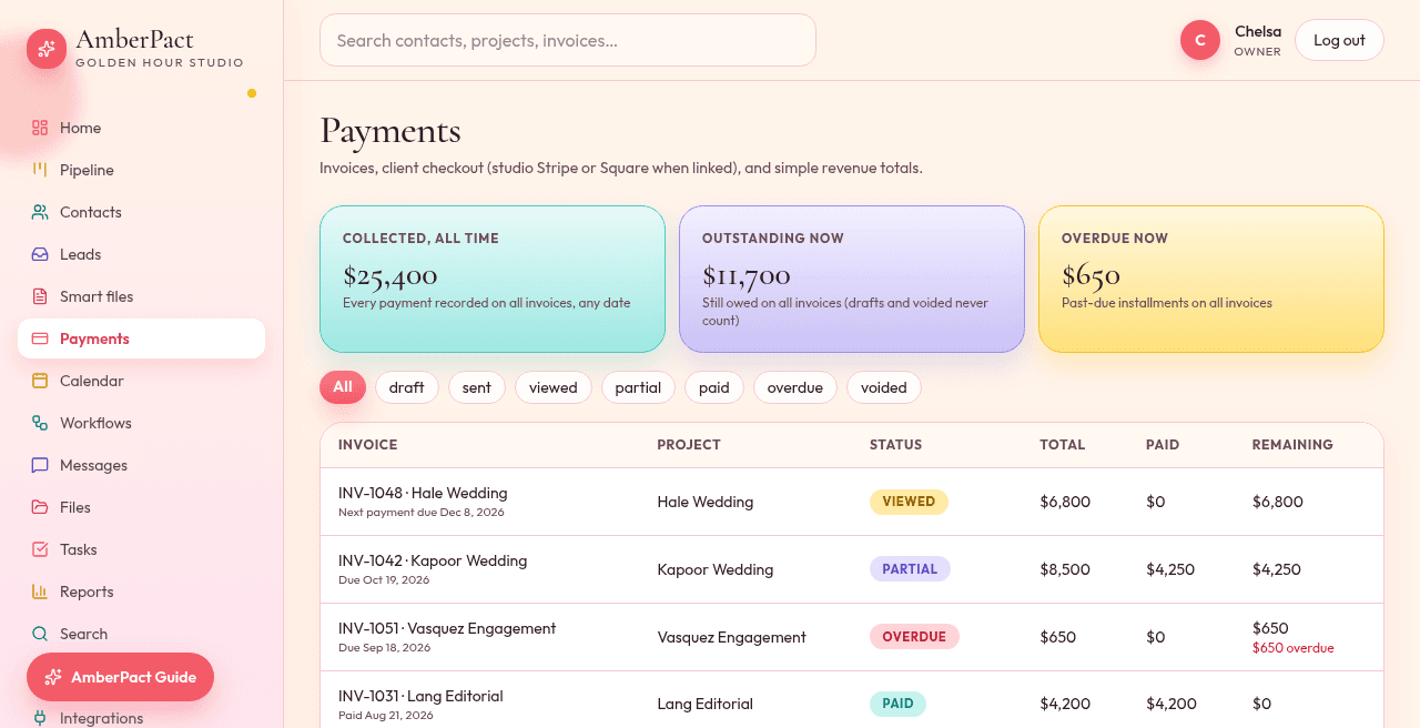AmberPact invoice with retainer schedule and payment history