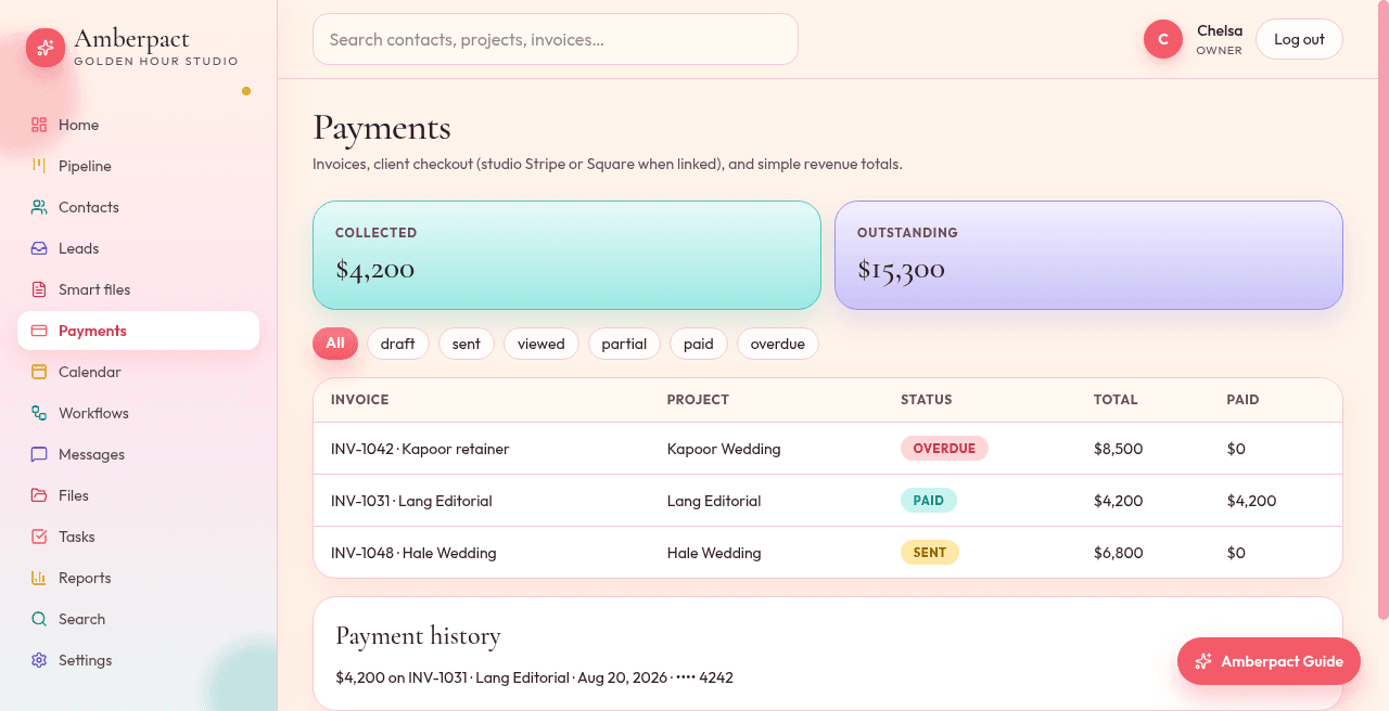 Amberpact invoice with retainer schedule and payment history