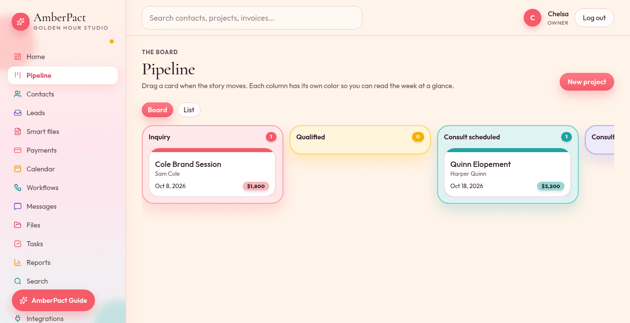 AmberPact kanban pipeline with colored job cards across studio stages