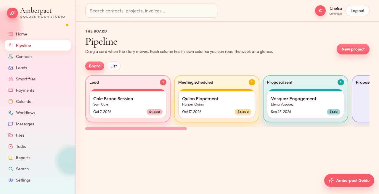 Amberpact kanban pipeline with colored job cards across studio stages