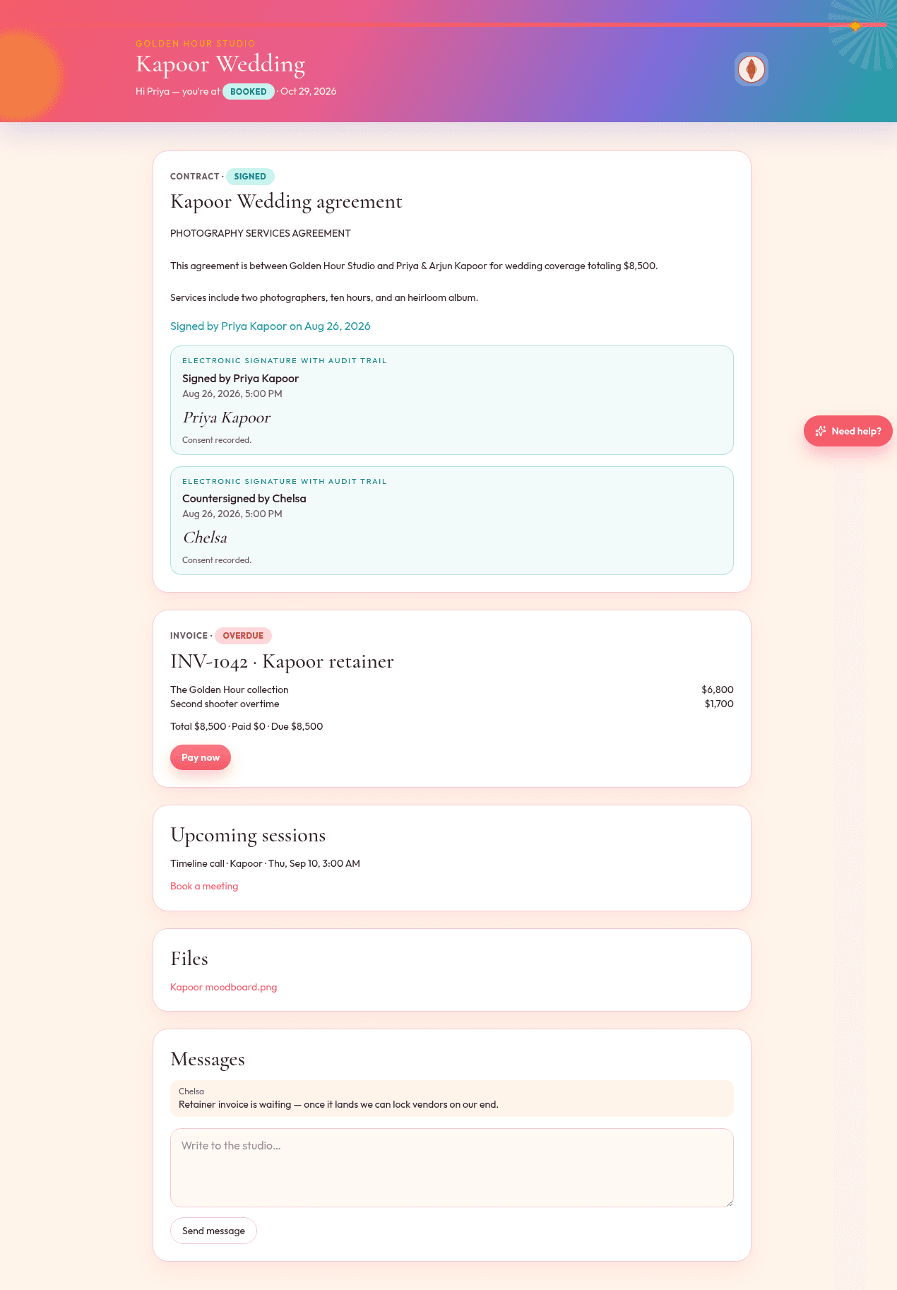 Amberpact branded client portal with files and pay now