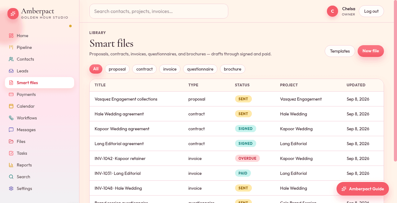 Amberpact proposal smart file with packages a client can accept in the portal